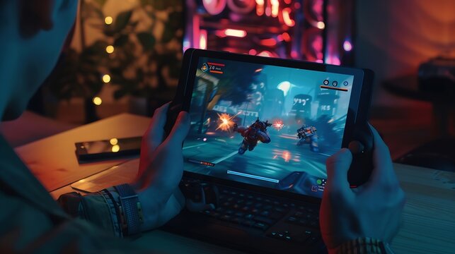 Mockup tablet on desk next to man in dark living room playing videogame on gaming PC Isolated screen portable device and gamer battling flying robots with futuristic gun in singleplaye : Generative AI - Powered by Adobe