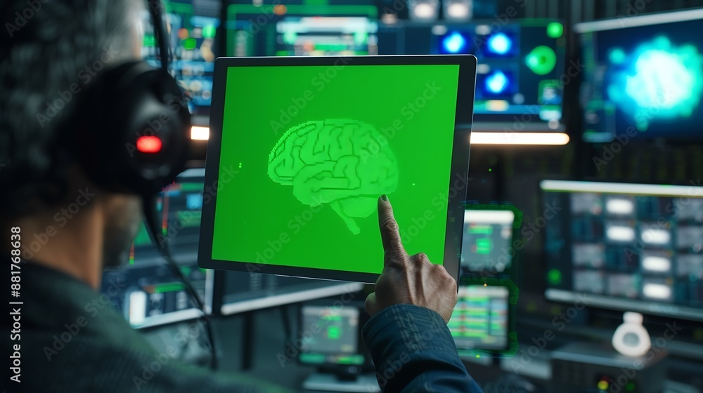 Poster Developer using green screen tablet updating artificial intelligence machine learning algorithm writing binary code scripts IT expert programming on mockup device to upgrade AI brain c : Generative AI