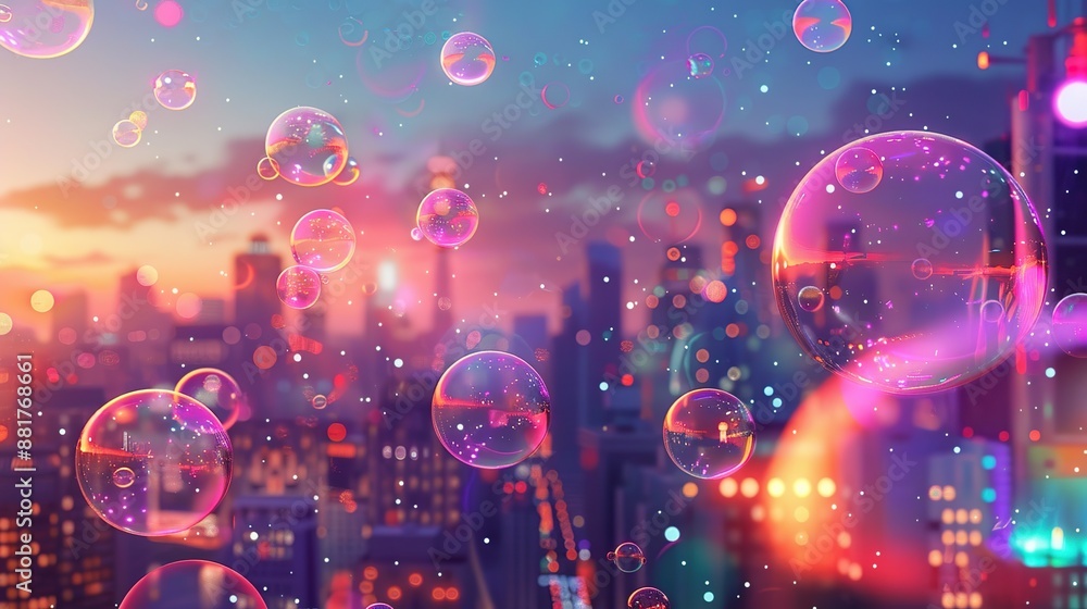 Poster vibrant illustration of gradient pop bubbles floating in a cityscape with modern skyscrapers. bubble