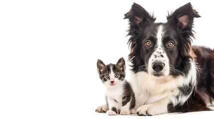 Fototapeta premium Border collie dog and kitten sit together and look at camera isolated on white background : Generative AI