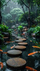 Serene Japanese garden with stepping stones over a pond with koi fish amid lush greenery and misty atmosphere.