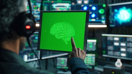 Developer using green screen tablet updating artificial intelligence machine learning algorithm writing binary code scripts IT expert programming on mockup device to upgrade AI brain c : Generative AI
