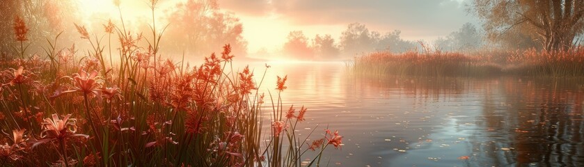 Obraz premium Serene sunrise over a misty lake with vibrant flowers in the foreground, capturing the peaceful beauty of nature.
