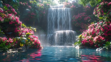 Serene tropical waterfall cascading into a turquoise pool, surrounded by vibrant flowers and lush greenery in a peaceful forest setting.