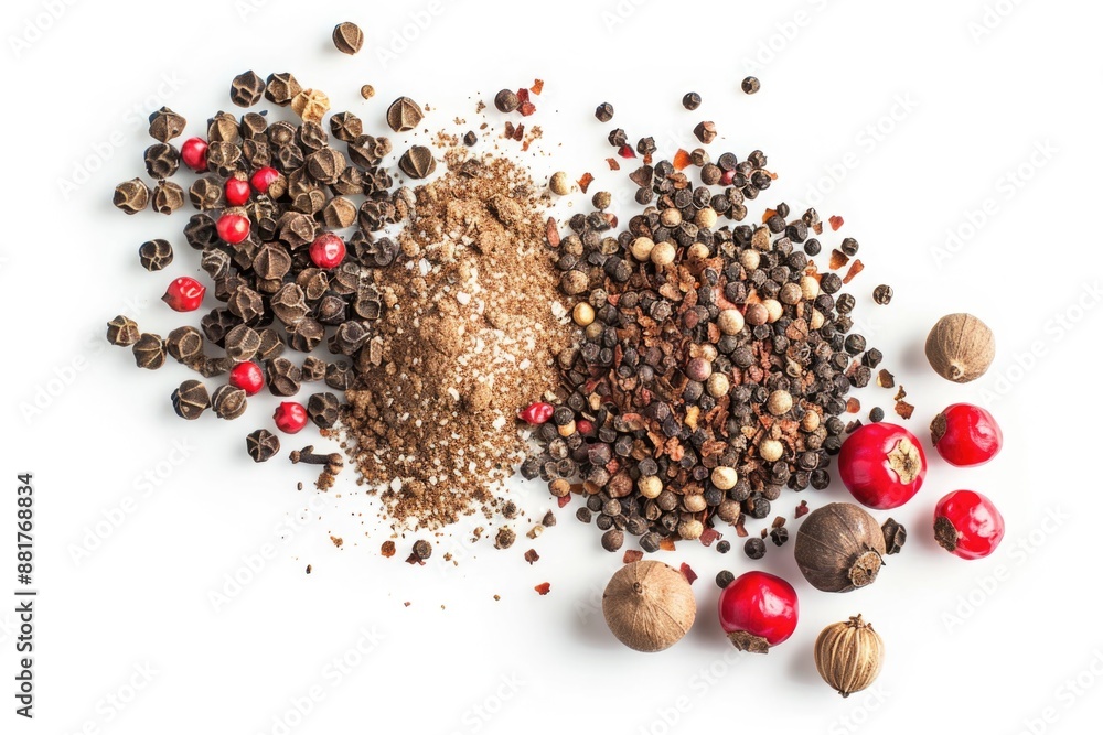 Poster A variety of spices and nuts arranged on a clean white surface