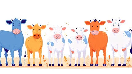 Cute cartoon cows in different colors standing in a row.