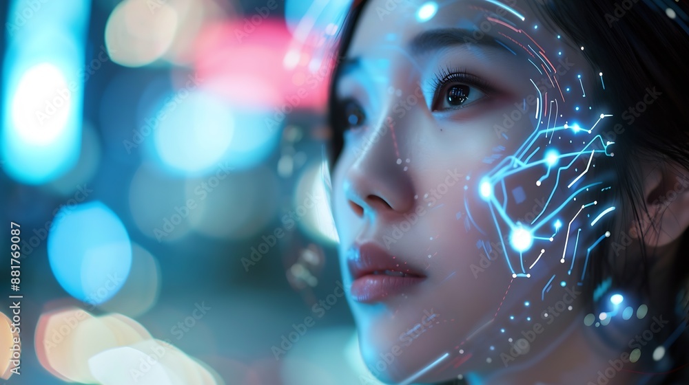 Aufkleber Women use AI to help work AI Learning and Artificial Intelligence Concepts Business modern technology internet and networking concepts AI technology in everyday life : Generative AI