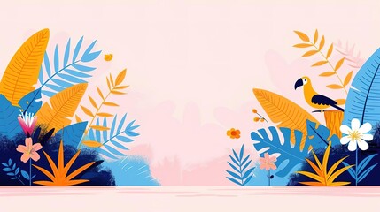 Fototapeta premium Tropical leaves and birds on a pink background with copy space