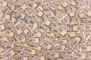 Japan's new banknotes. Image of a large number of 10,000 yen notes, all on the surface.