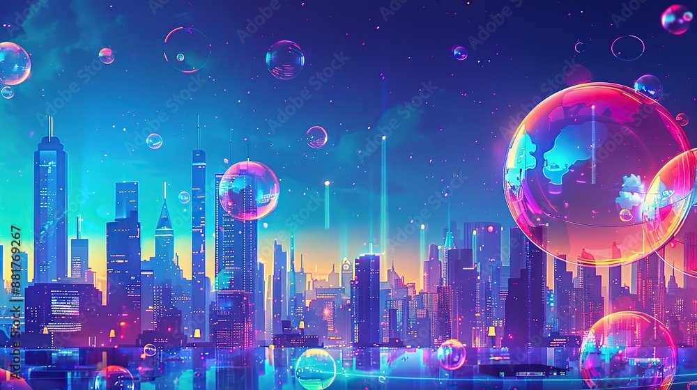 Poster vibrant illustration of gradient pop bubbles floating in a cityscape with modern skyscrapers. bubble
