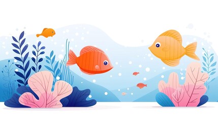 Naklejka premium Cute cartoon fish swimming in an underwater scene with coral and seaweed.