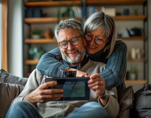 Happy middle aged couple using a digital tablet while sitting on a sofa at home.