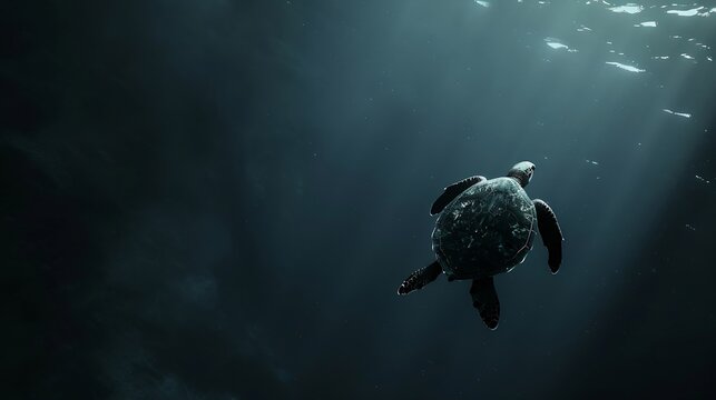 Green sea turtle ascended to the surface to breathe starting from very deep sea bottom murky dark blue water Picture taken during Scuba dive in tropical water : Generative AI