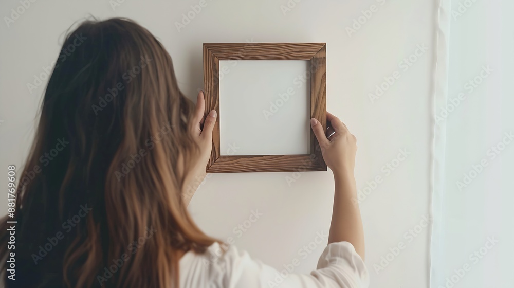 Poster Closeup of woman hanging square wooden frame with empty mockup copy space on wall Minimal art concept : Generative AI