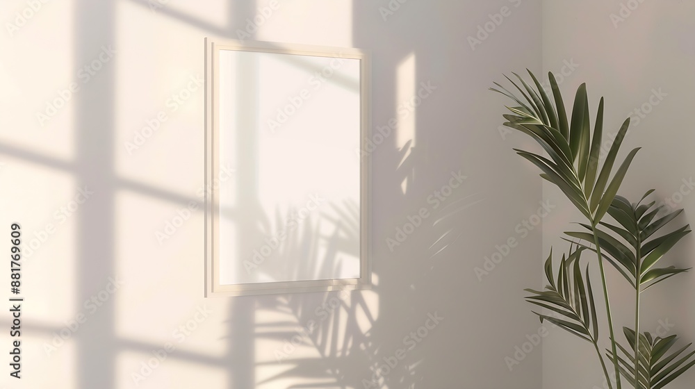 Poster mockup rectangle frame in minimalist interior background empty frame with natural sunlight on white 