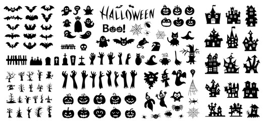 Big set of silhouettes of Halloween on a white background. Vector illustration
