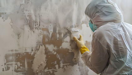 Woman in protective suit pointing at wall affected with mold