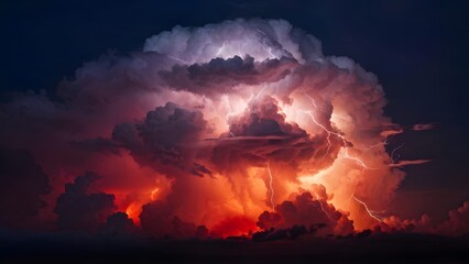 Naklejka premium Dark red and orange clouds with thunder lightning, AI Generated