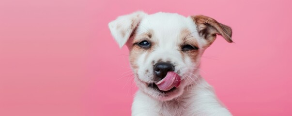 Fototapeta premium A dog is smiling and has its tongue out. Free copy space for banner.