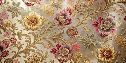 Elegant brocade fabric with intricate floral patterns and metallic sheen, luxurious, texture, fine details, nuances