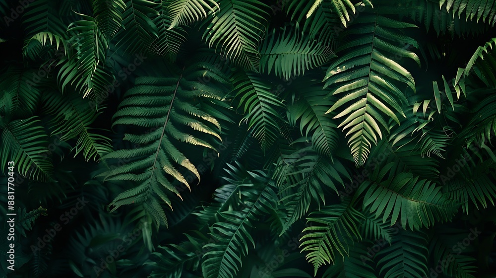 Poster fern leaves in forest texture background dense dark green fern leaves in garden nature abstract back