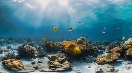 Fish and coral reefs under the sea Underwater background Coral reef and fish underwater world 360Degree view : Generative AI
