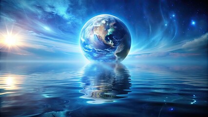 Glowing planet reflecting in serene water, planet, glowing, water, reflection, serene, nature, beauty, peaceful, tranquil