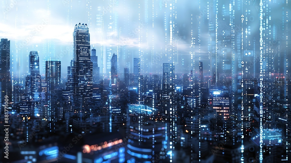 Poster Binary computer code virtual city skyline Matrix Mixed Media Background : Generative AI