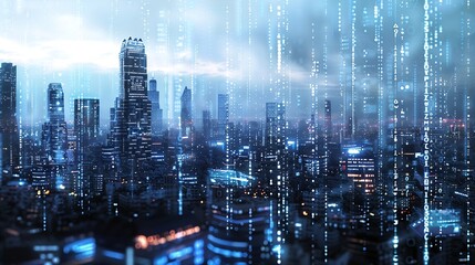 Binary computer code virtual city skyline Matrix Mixed Media Background : Generative AI