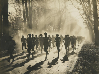 Runners Silhouetted in Early Morning Mist on a Country Road