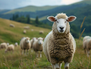 Fototapeta premium Sheep Grazing in a Lush Green Meadow With Rolling Hills in the Background