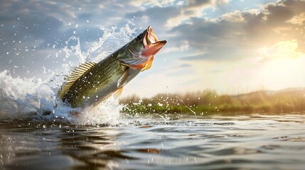 Fototapeta premium large fish jumping out of the water with its mouth wide open : Generative AI