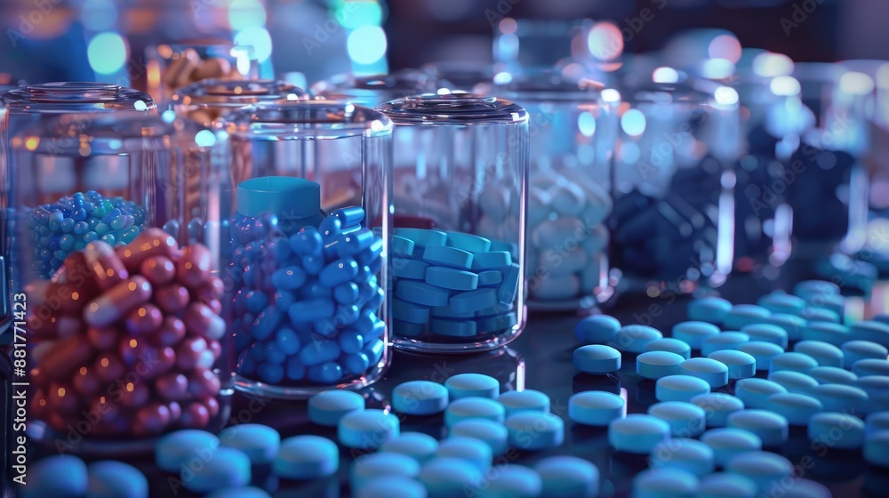 Sticker Blue pills and various colored medication capsules in glass and plastic containers