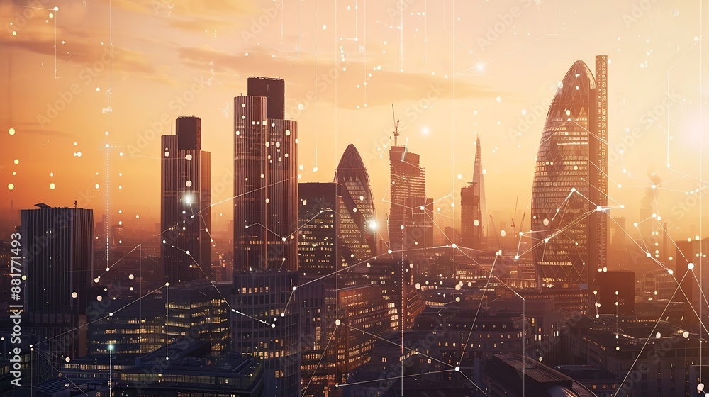 Poster city of london view with matrix concept and digital connections virtual connectivity of the city fin