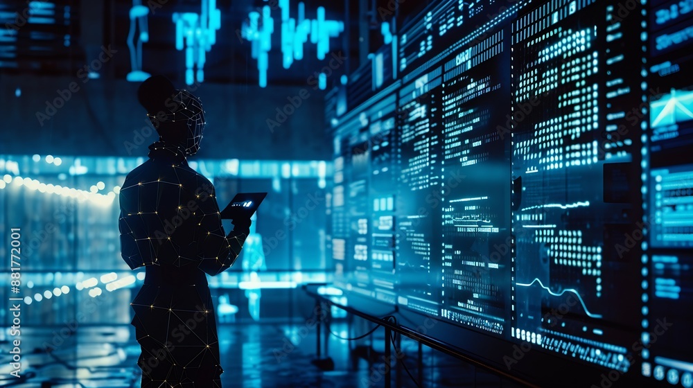 Fototapete Artificial Intelligence AI data tech analytics for kpi accounting big complex business technology algorithm system software website tool write command prompt digital internet support c : Generative AI