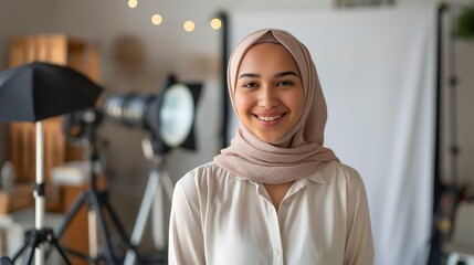 Enthusiastic female photographer in a hijab, casual shirt, smiling at the camera in a professional photo studio with lights and cameras, reflecting her love for photography