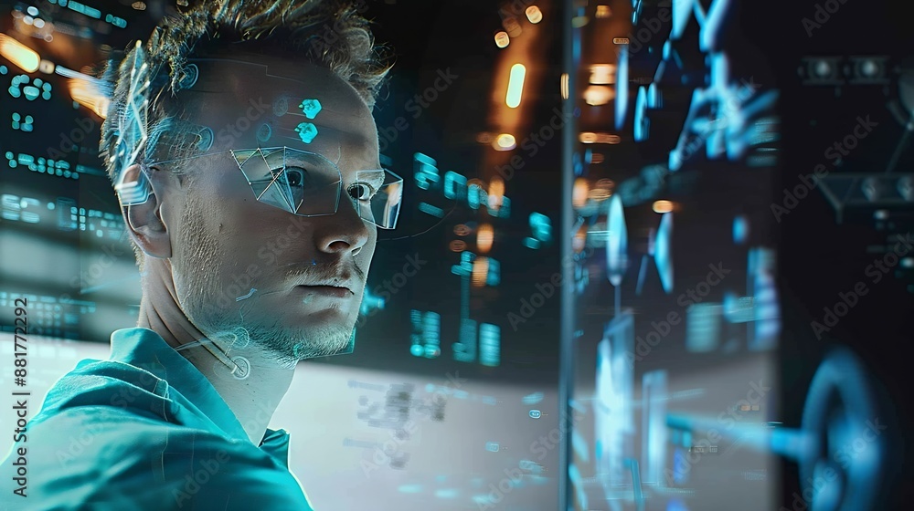 Poster professional in a teal shirt demonstrating artificial intelligence technology using interactive digital graphics : Generative AI