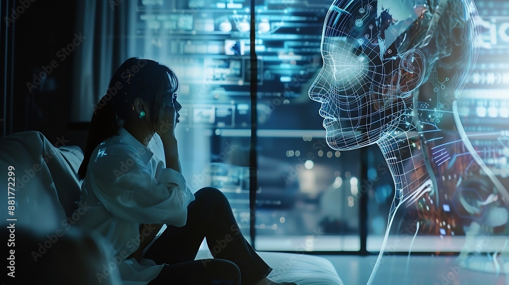Poster Human interact with AI artificial intelligence virtual assistant chatbot in concept of AI artificial intelligence prompt engineering LLM AI deep learning to use generative AI for work  : Generative AI
