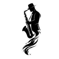 Naklejka premium Jazz Musician Silhouette Playing Saxophone in Black and White Art.