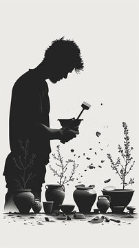 black silhouette potter working with pots clip art preview