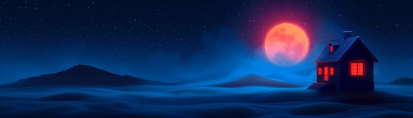 A haunted house surrounded by digital fog, flickering holograms, and glitch effects, moonlit night, steampunk style, high resolution illustration