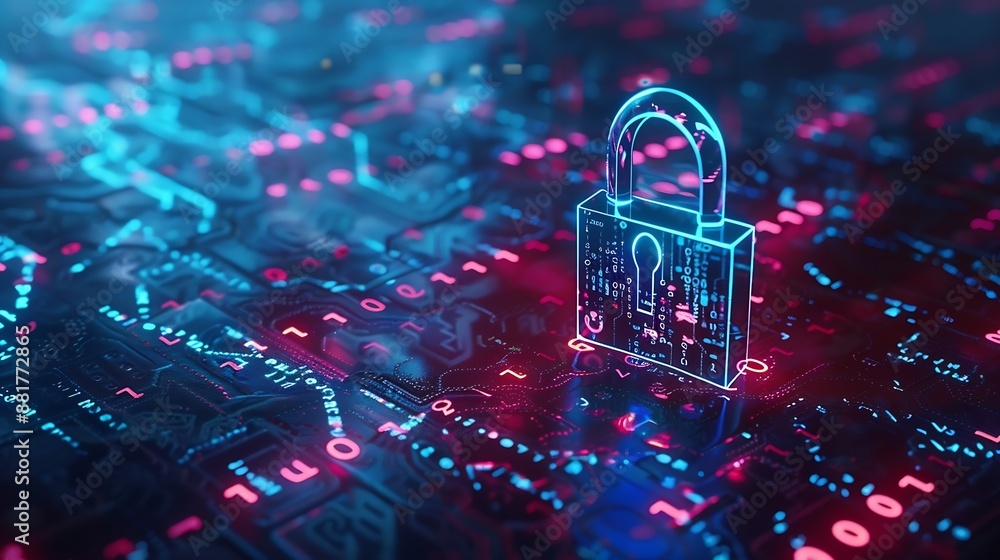 Fototapete Padlock shape on a binary background of ones and zeros Cyber security and secure data concept : Generative AI