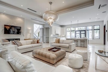 Chic living room with white furniture, chandelier, kitchen view