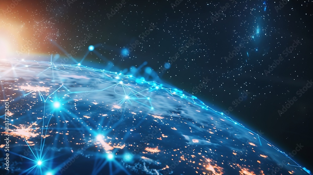 Leinwandbilder earth wifi wireless network futuristic cyberspace future city landscape city abstract background bin