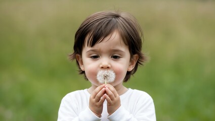 Fototapeta premium a young child with short, dark brown hair and light skin, standing outdoors against a blurred green img