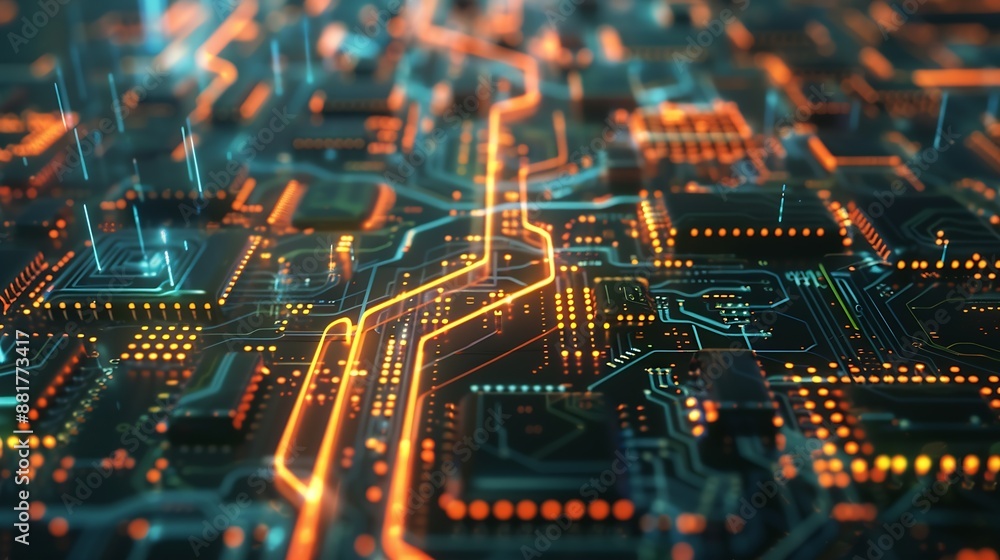 Aufkleber The symbolic movement of electrons on the pallet roads of the microchip against the background of the binary system Visualization of information transfer Cg Ai : Generative AI