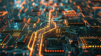 Obraz premium The symbolic movement of electrons on the pallet roads of the microchip against the background of the binary system Visualization of information transfer Cg Ai : Generative AI