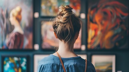 Young woman looking at the paintings at the art gallery back view copy space : Generative AI