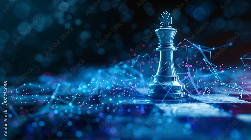Aufkleber Leader with brain and ideas can make an impact and different on the digital world concept White chess king with blur graphic Binary Data computer Number network on blue dark background : Generative AI