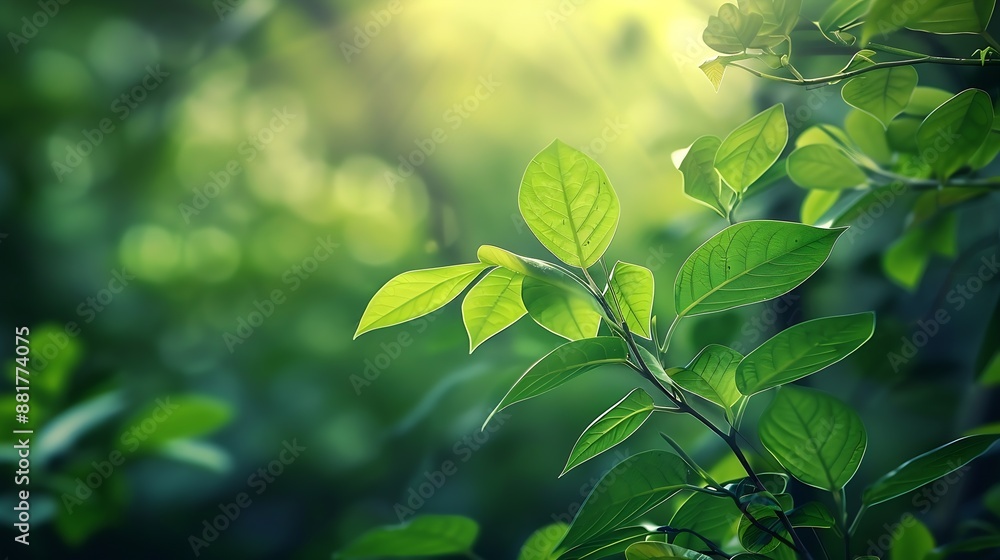 Poster nature view of green leaf on blurred greenery background in garden with copy space using as backgrou